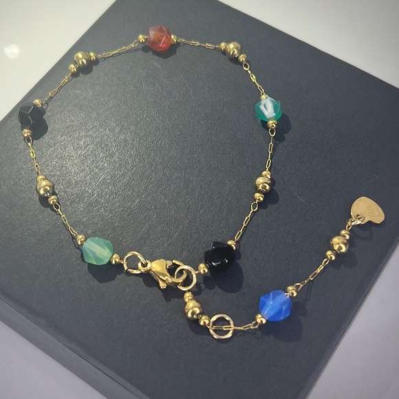 Jewelry - Natural Stone Colorful Agate Bead Bracelet 18k Gold